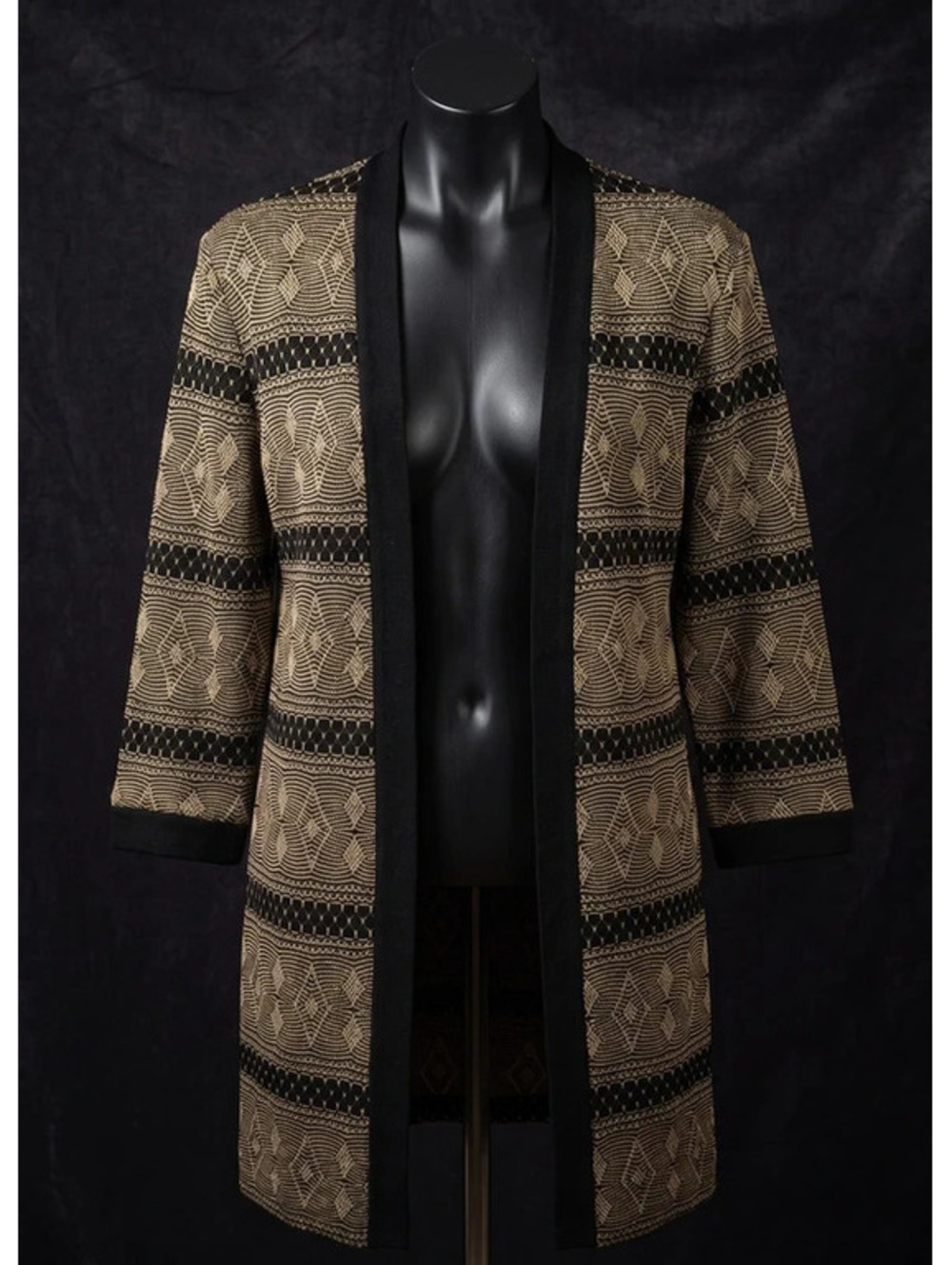 Miss Dorby Vintage Geometric Duster Cardigan Sz 10 Black Tan Knit Kimono Jacket